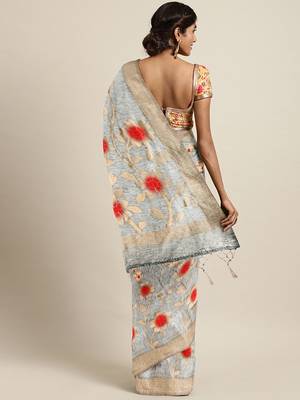 Grey woven art silk saree with blouse 2