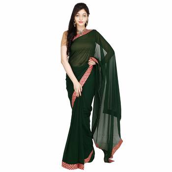 green plain georgette saree with blouse 1