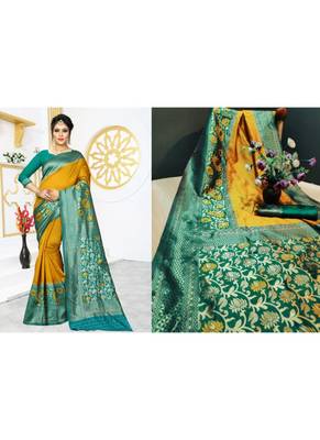 Mustard woven art silk saree with blouse 1