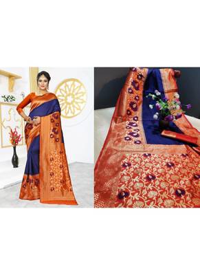 Royal blue woven art silk saree with blouse 1