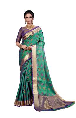 Sea green woven art silk saree with blouse 1