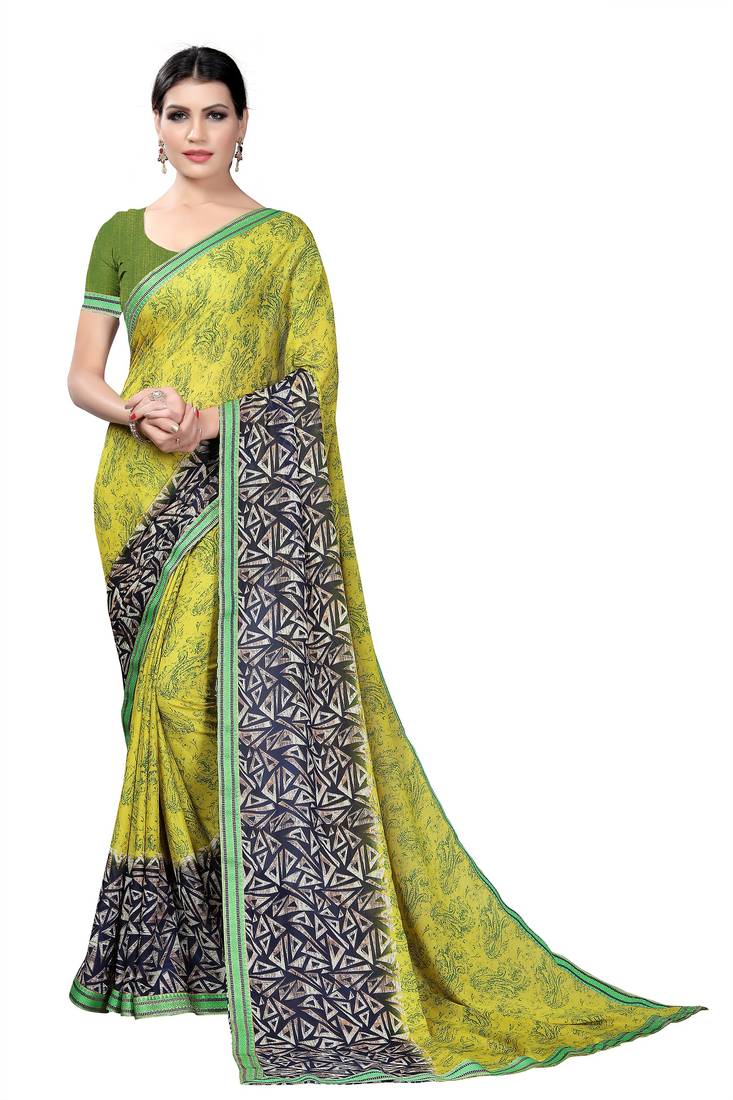 Yellow Printed Georgette Saree With Blouse