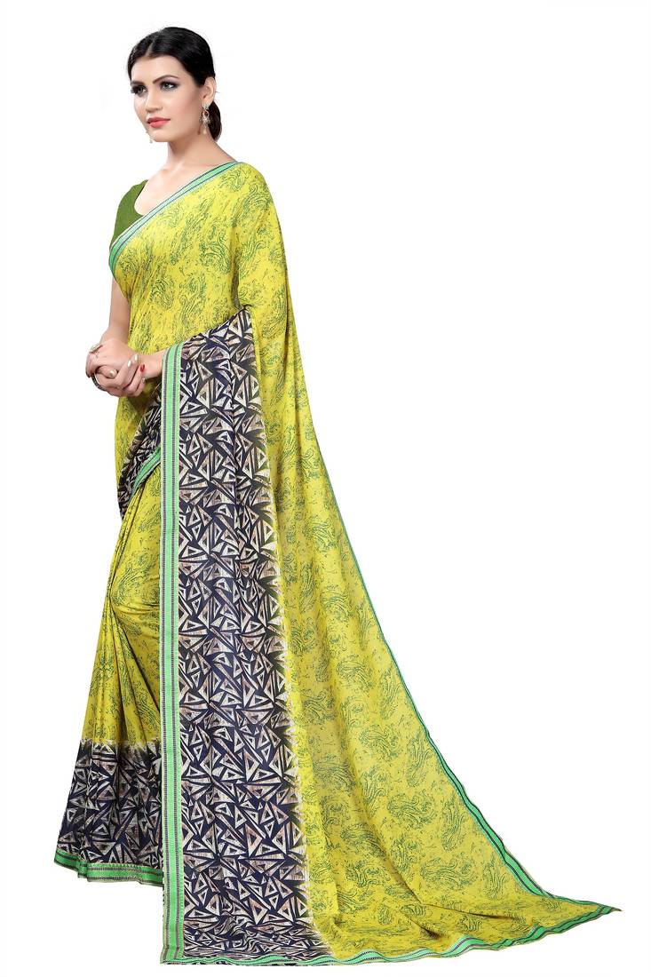Yellow Printed Georgette Saree With Blouse