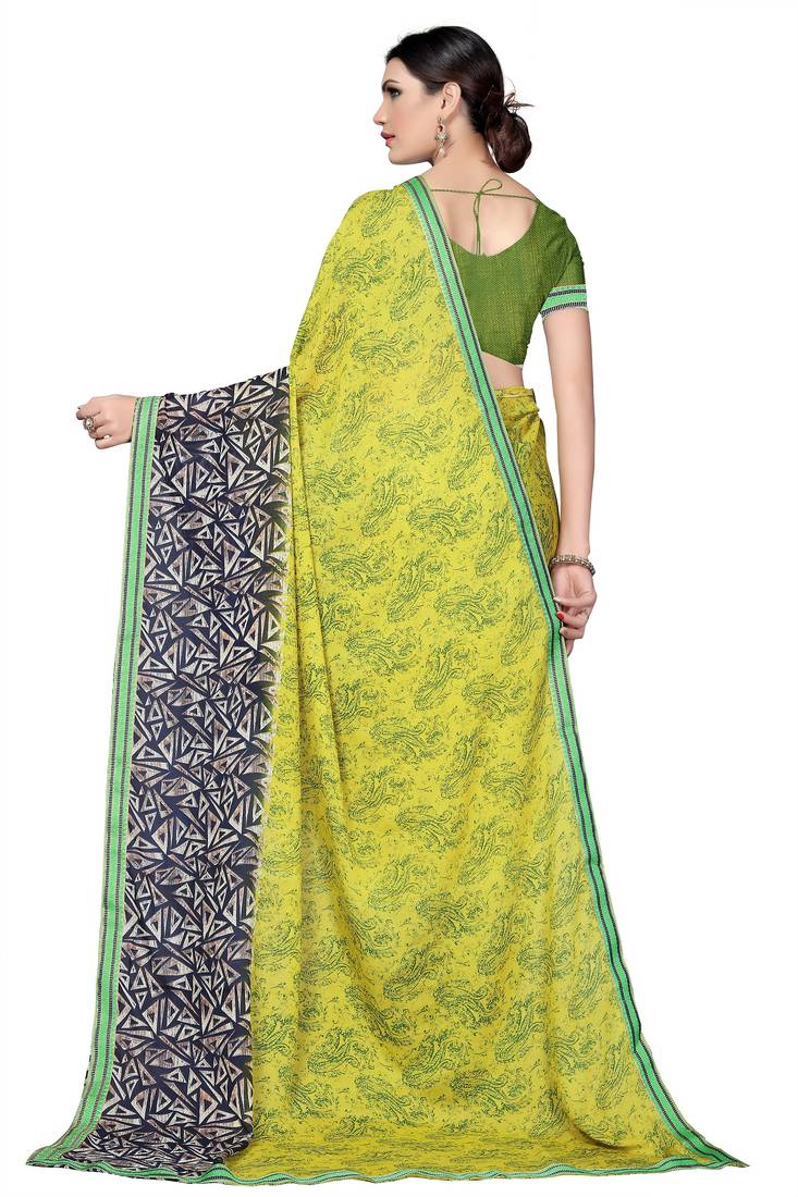 Yellow Printed Georgette Saree With Blouse