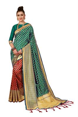 Green woven banarasi saree with blouse 1