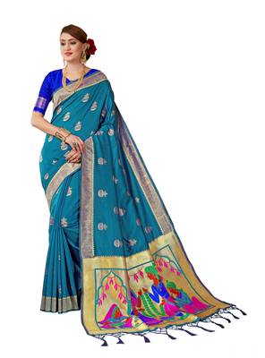Teal woven banarasi saree with blouse 1