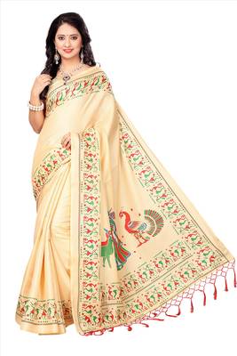 Cream printed faux khadi saree with blouse 1