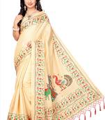 Cream printed faux khadi saree with blouse
