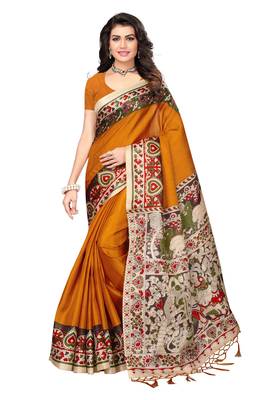Mustard printed faux khadi saree with blouse 1