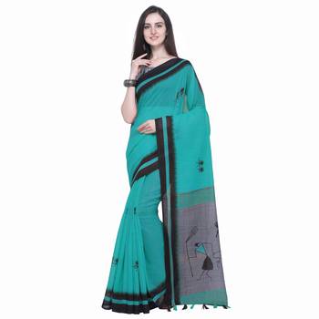 Sky Blue Printed Linen Saree With Blouse 1