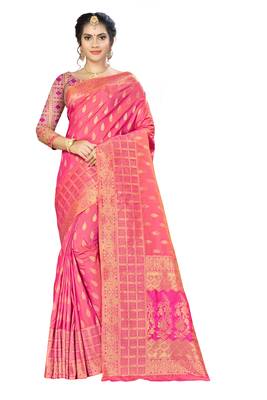Pink woven banarasi saree with blouse 1