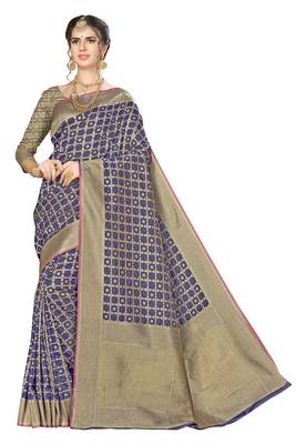 Navy blue woven banarasi saree with blouse 1