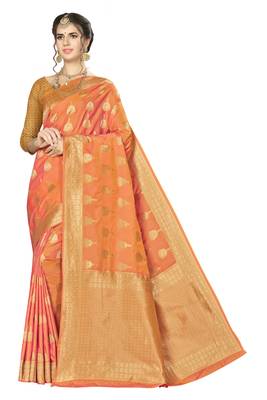 Light orange woven banarasi saree with blouse 1