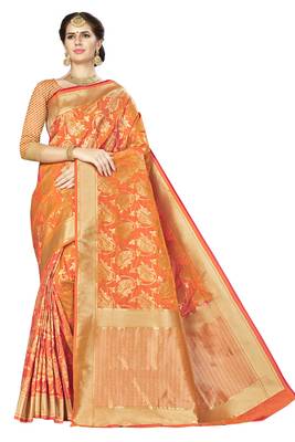 Orange woven banarasi saree with blouse 1