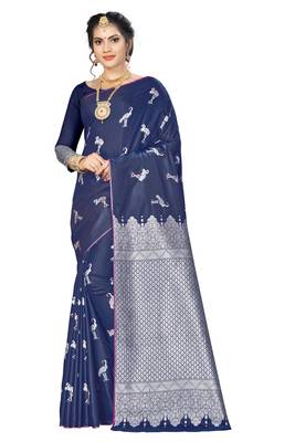 Navy blue woven banarasi saree with blouse 1