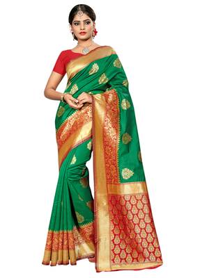 Green woven banarasi saree with blouse 1