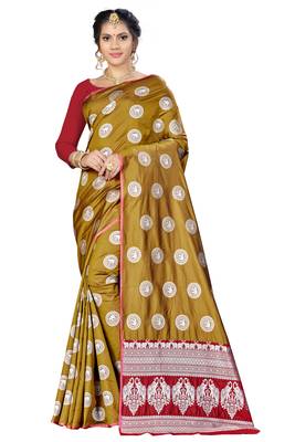 Mustard woven banarasi saree with blouse 1