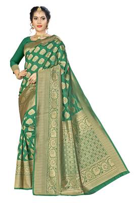 Green woven banarasi saree with blouse 1