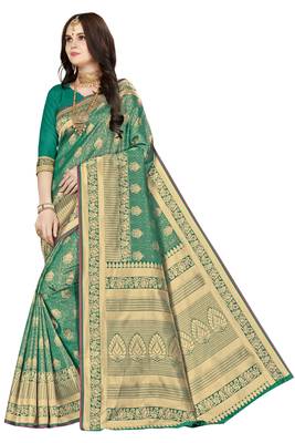 Green woven banarasi saree with blouse 1