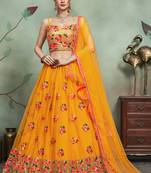 Mustard Yellow Thread And Sequins Embroidered Net Indian Wedding Lehenga Dress