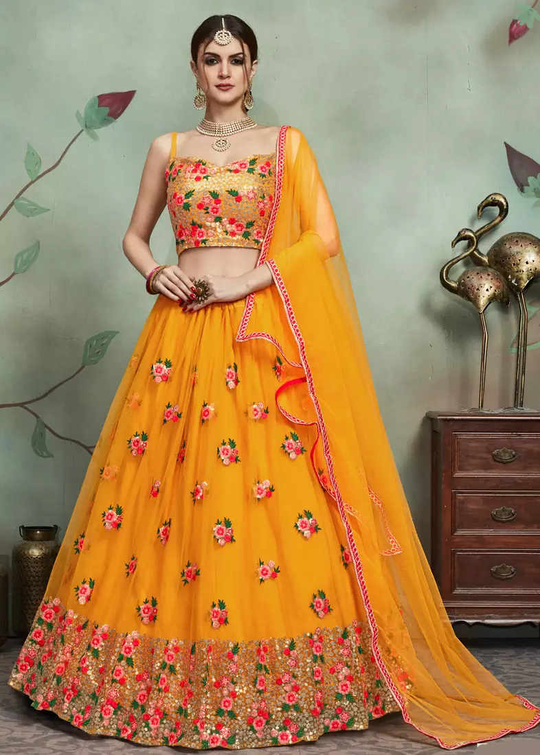 Graceful Mustard Yellow Thread and Sequins Embroidered Net fabric Indian wedding Lehenga dress