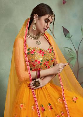 Mustard Yellow Thread And Sequins Embroidered Net Indian Wedding Lehenga Dress 2