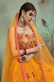  Mustard Yellow Thread And Sequins Embroidered Net Indian Wedding Lehenga Dress