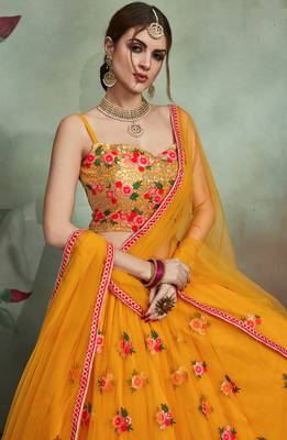  Mustard Yellow Thread And Sequins Embroidered Net Indian Wedding Lehenga Dress 3