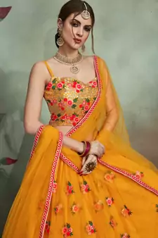  Mustard Yellow Thread And Sequins Embroidered Net Indian Wedding Lehenga Dress