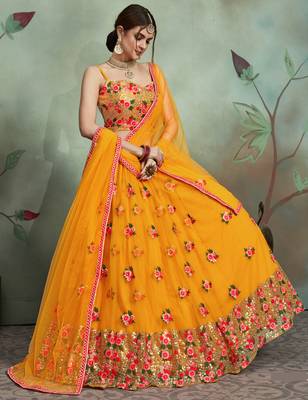  Mustard Yellow Thread And Sequins Embroidered Net Indian Wedding Lehenga Dress 4