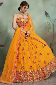  Mustard Yellow Thread And Sequins Embroidered Net Indian Wedding Lehenga Dress