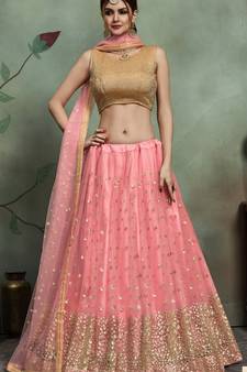 Mesmerizing Baby Pink Thread and Sequins Embroidered net fabric Lehenga for Sangeet Ceremony