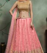 Mesmerizing Baby Pink Thread and Sequins Embroidered net fabric Lehenga for Sangeet Ceremony