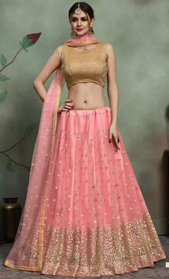 baby pink thread embroidered net semi stitched bridal lehenga