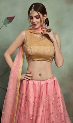 Mesmerizing Baby Pink Thread and Sequins Embroidered net fabric Lehenga for Sangeet Ceremony 3