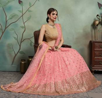 Mesmerizing Baby Pink Thread and Sequins Embroidered net fabric Lehenga for Sangeet Ceremony 4