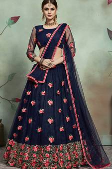 navy blue thread embroidered net semi stitched bridal lehenga