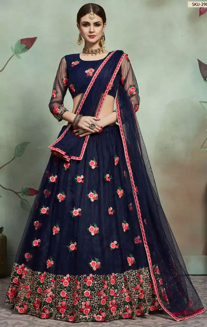 navy blue thread embroidered net semi stitched bridal lehenga