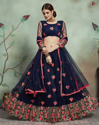 Bewitching Navy blue Thread and Sequins Embroidered net Semi Stitched Designer Lehenga Choli for women 2