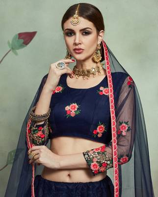 Bewitching Navy blue Thread and Sequins Embroidered net Semi Stitched Designer Lehenga Choli for women 4