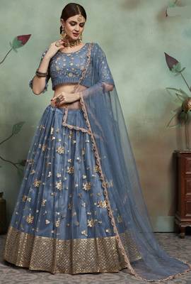 Ly Slate Grey Zari & Sequins Embroidered Semi Stitched Net Lehenga For Bridesmaid 1
