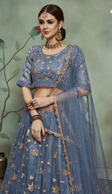 Ly Slate Grey Zari & Sequins Embroidered Semi Stitched Net Lehenga For Bridesmaid 2