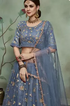 Ly Slate Grey Zari & Sequins Embroidered Semi Stitched Net Lehenga For Bridesmaid