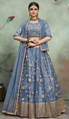 Ly Slate Grey Zari & Sequins Embroidered Semi Stitched Net Lehenga For Bridesmaid 3