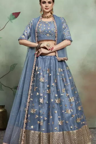 Ly Slate Grey Zari & Sequins Embroidered Semi Stitched Net Lehenga For Bridesmaid