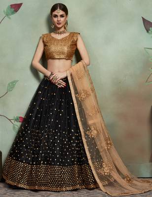  Black Thread And Sequins Embroidered Net Semi Stitched Lehenga Choli For Partywear 1