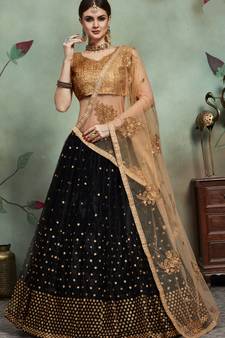 Delightful Black Thread and Sequins Embroidered Net Semi Stitched Lehenga Choli for Partywear