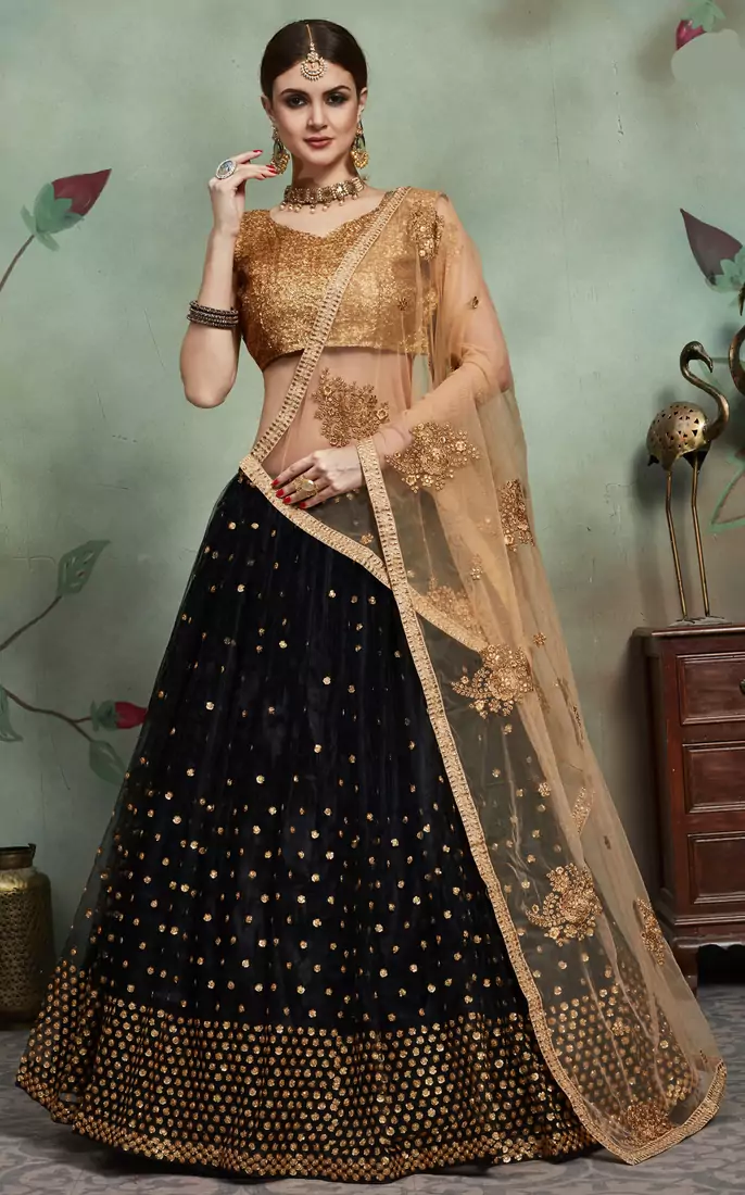 Delightful Black Thread and Sequins Embroidered Net Semi Stitched Lehenga Choli for Partywear