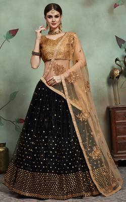 Black Thread And Sequins Embroidered Net Semi Stitched Lehenga Choli For Partywear 3