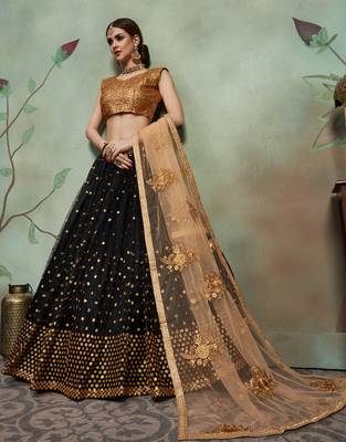  Black Thread And Sequins Embroidered Net Semi Stitched Lehenga Choli For Partywear 4